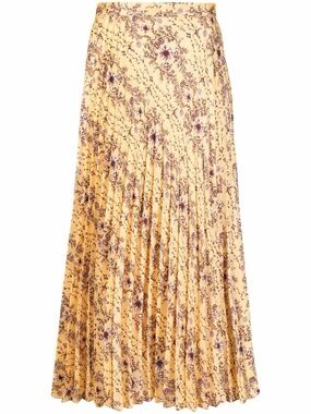 Sandro Yellow Midi Pleated Skirt with Brown Floral Print